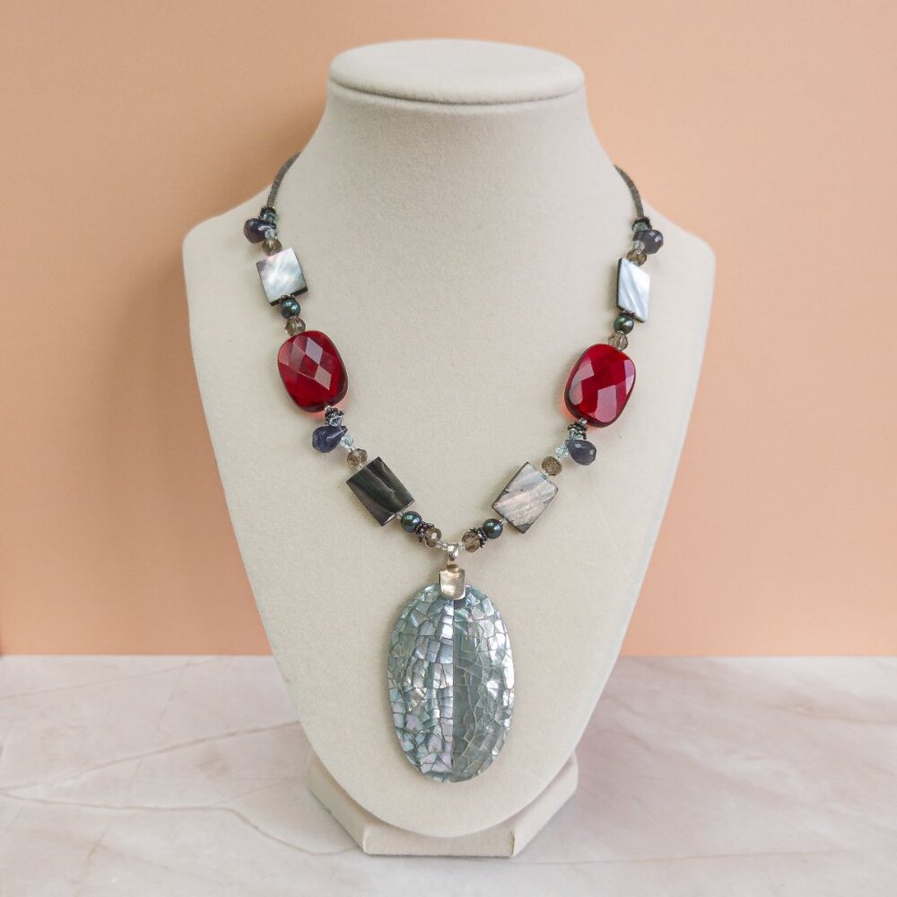 Mexico Sterling Silver & Iolite Beaded Necklace w/ MOP Inlaid Pendant & Pearls